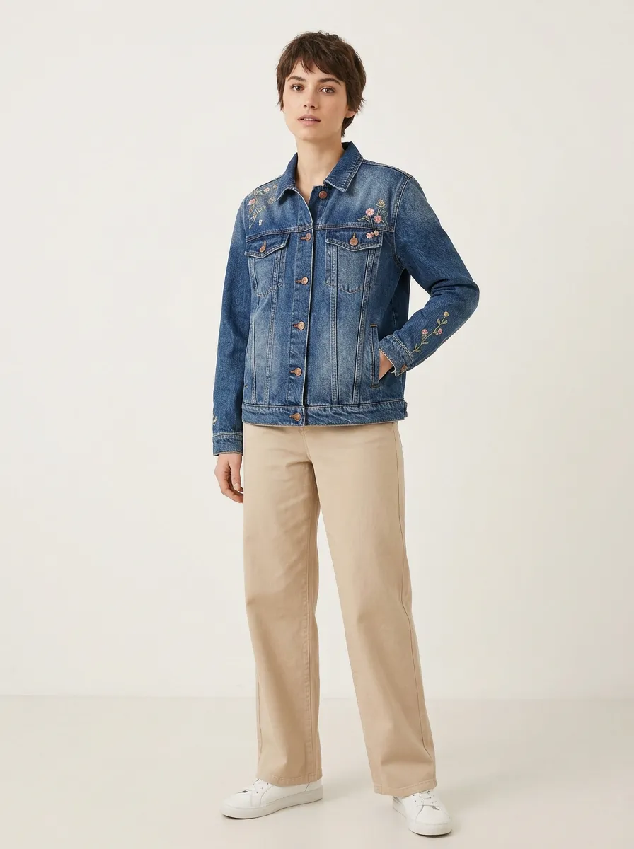 Women's Floral Embroidered Vintage Wash Embroidered Denim Jacket