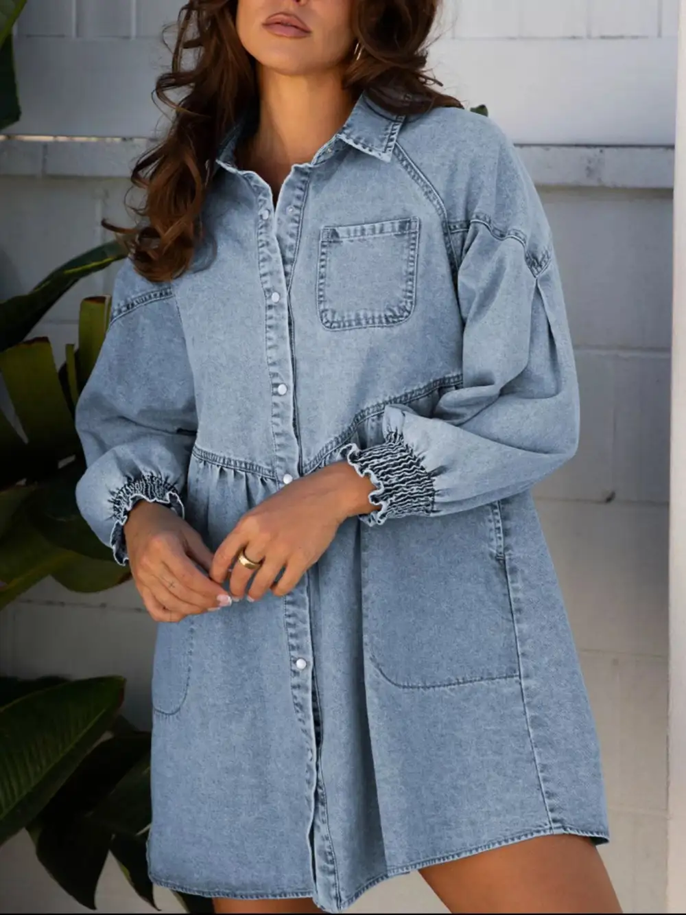 Wearable Cut Denim Smocked Flared Mini Dress