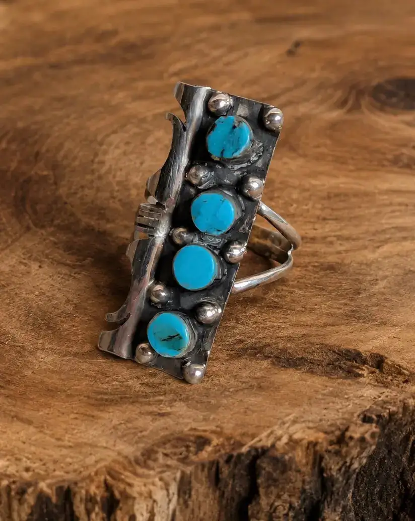 Beaded Statement Western Turquoise Sterling Silver Ring