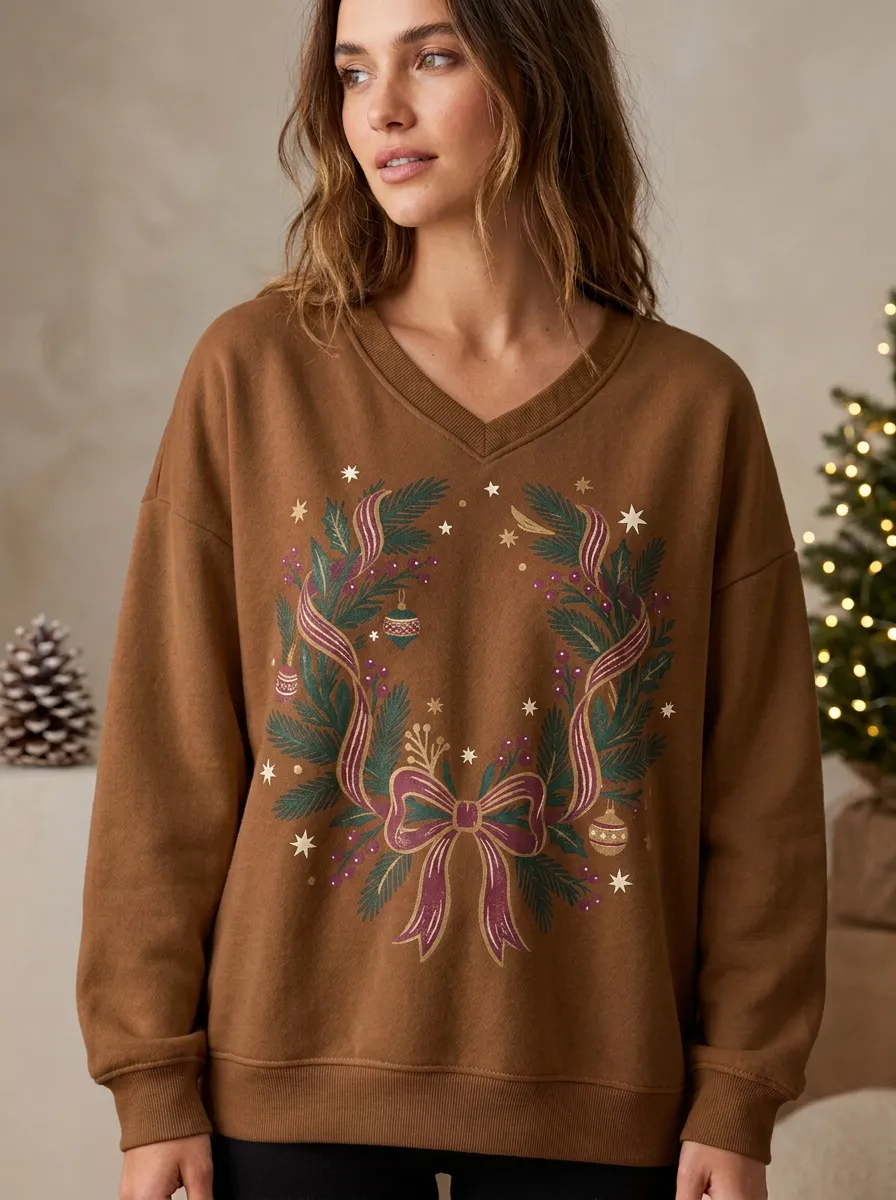 Winter Christmas Holiday Wreath Bow Print Sweatshirt