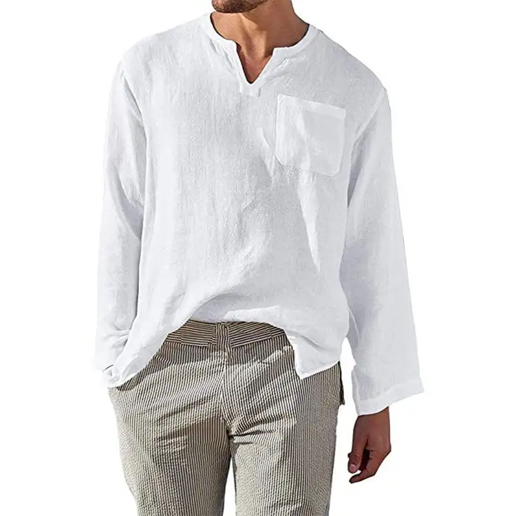 Men's Linen Long-Sleeve Shirt With Henley Neckline And Chest Pocket