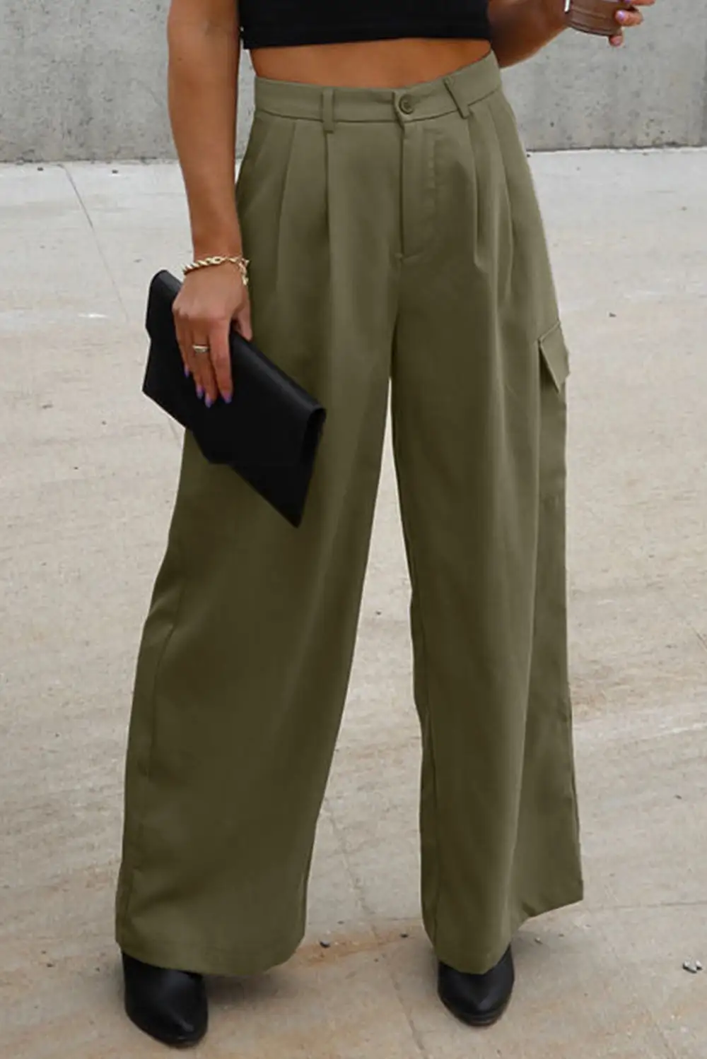 Ruched Wide Leg Pants With Pocket
