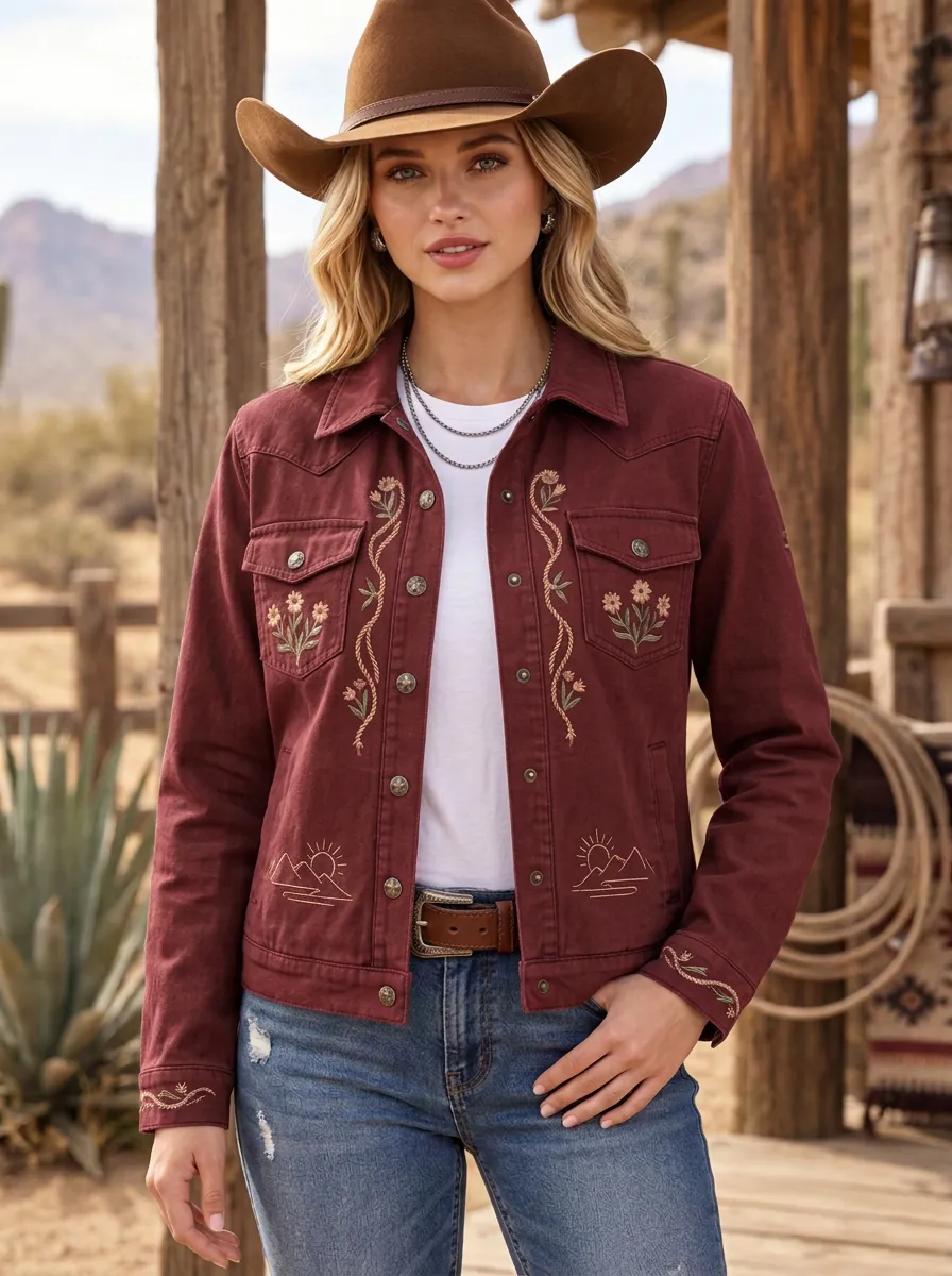 Women's Western Cowgirl Mountain Floral Embroidered Denim Jacket