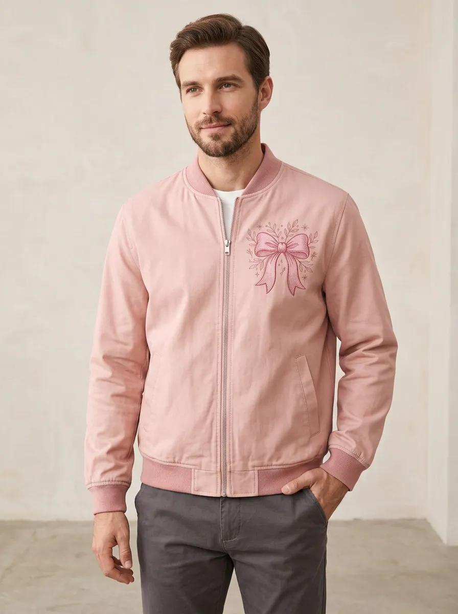 Unisex Pink Bow Ribbon Floral Graphic Bomber Jacket
