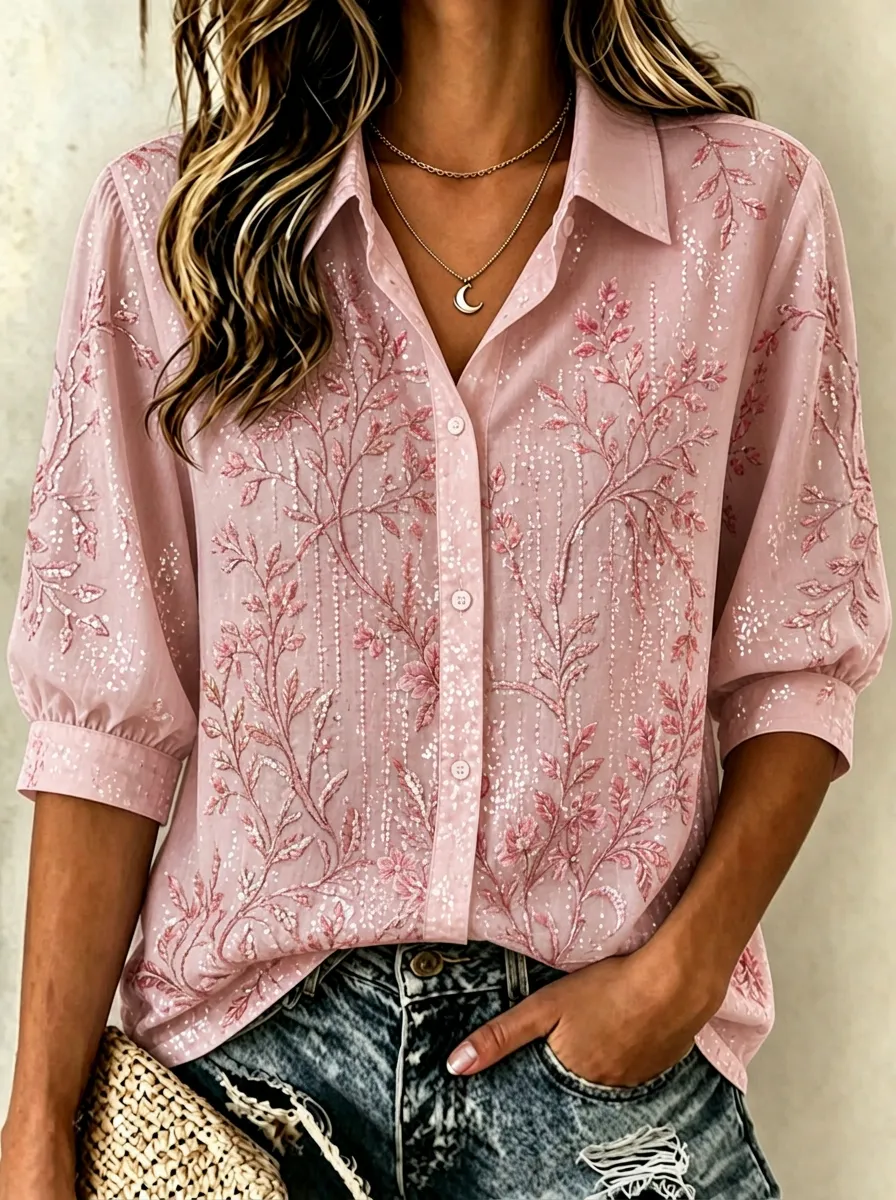 Women's Breast Cancer Awareness Pink Floral Embroidered Button-Down Shirt