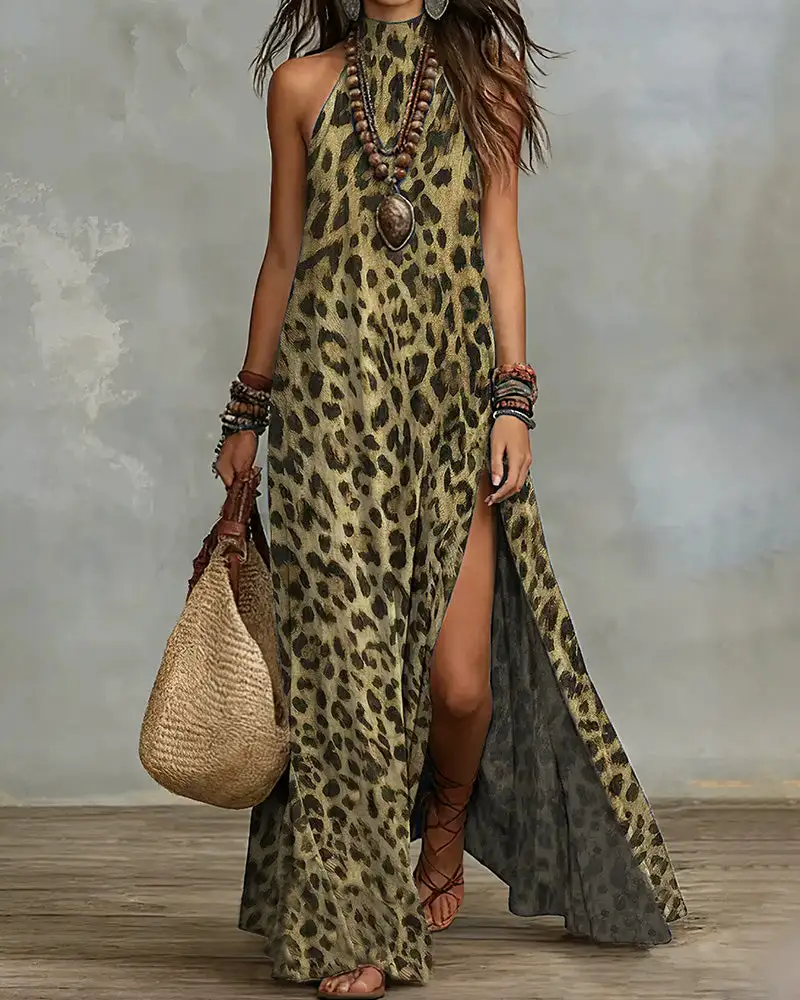 Wild Elegance Leopard Halter Maxi Dress with Side Slit