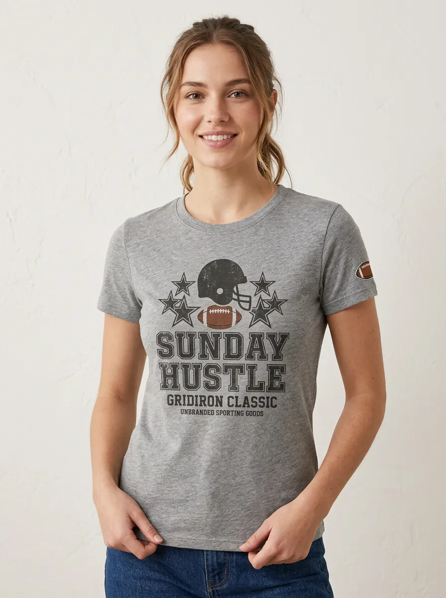 Women's Football Fan Sunday Hustle Helmet Star Graphic T-shirt