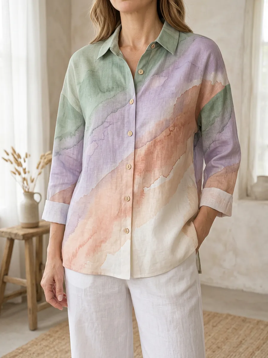 Women's Layered Pastel Watercolor Abstract Shirt