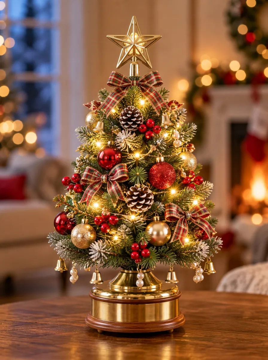 Decor Plaid Bow Pinecone Christmas Tabletop Tree