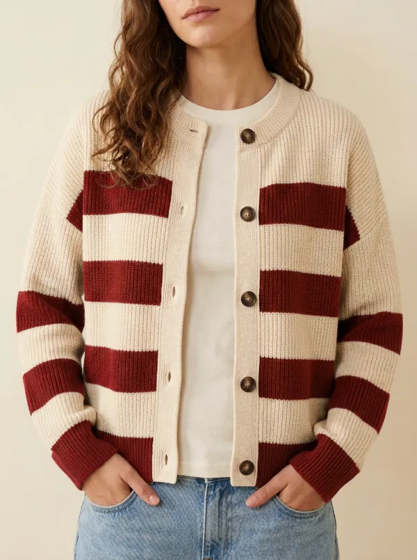 Open Front Rugby Striped Knit Cardigan
