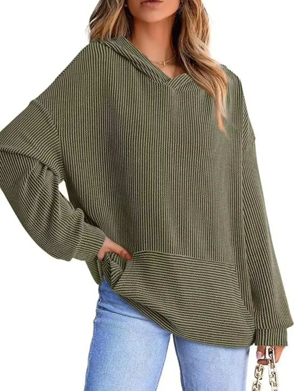 Pocketed Oversized Ribbed Hoodie
