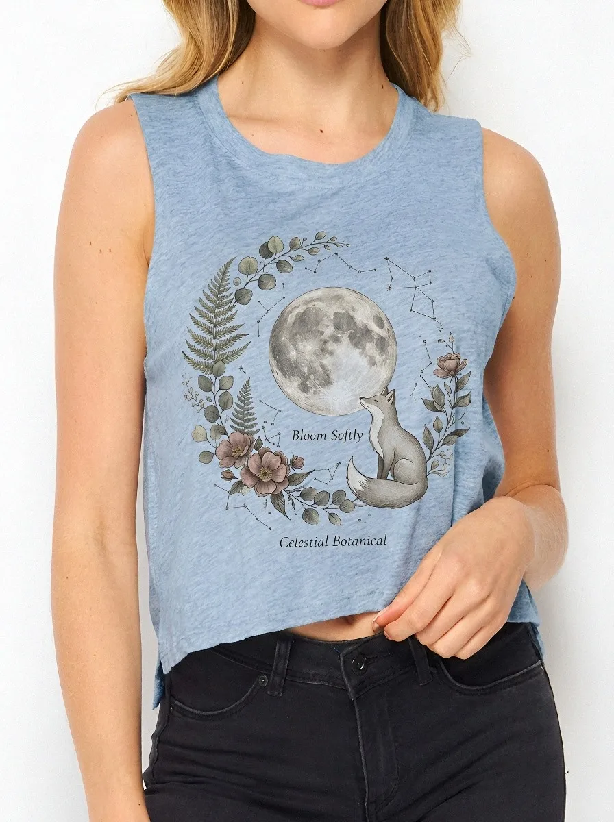 Women's Celestial Fox Moon Botanical Printed Crop Tank Top