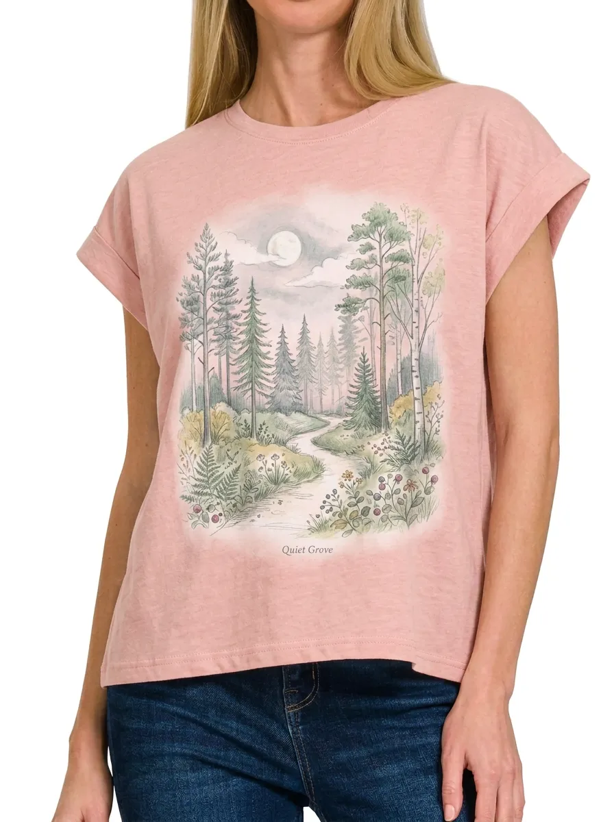 Women's Nature Lover Forest Moon Path Printed T-shirt