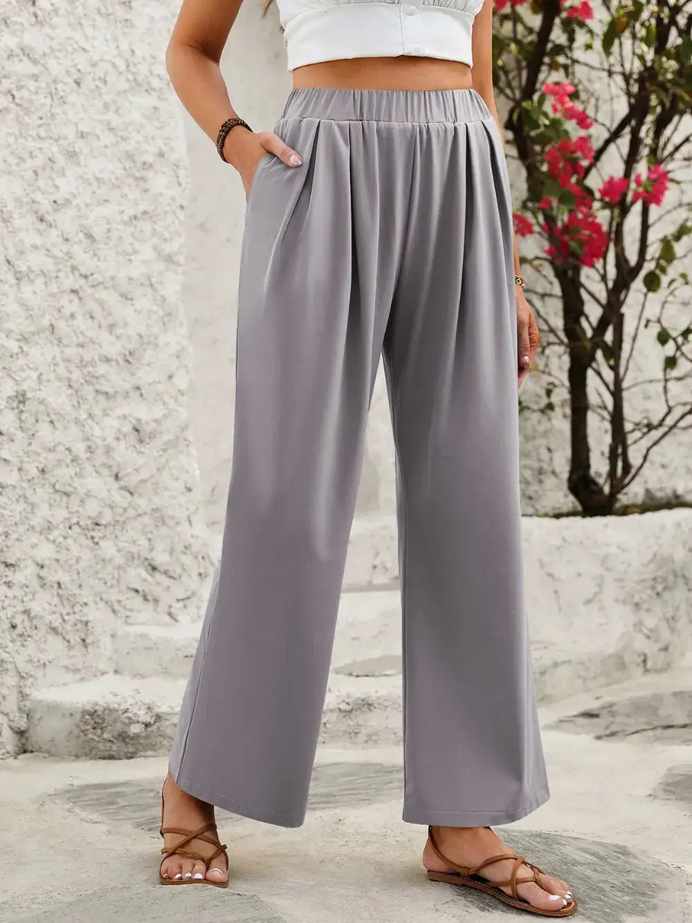 Wide Leg Elastic Waist Pocketed Everyday Pants