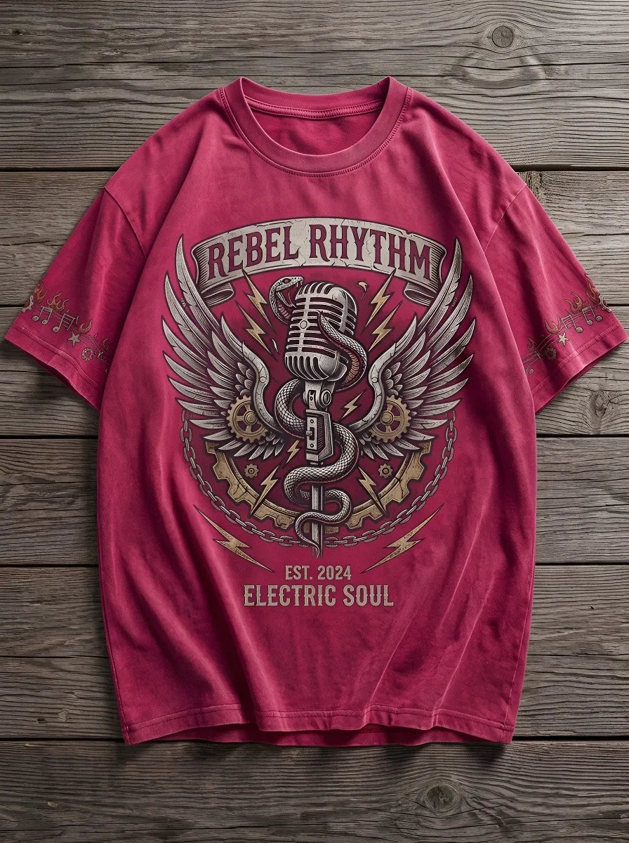 Unisex Rock Music Lover Snake Microphone Wings Printed T-shirt
