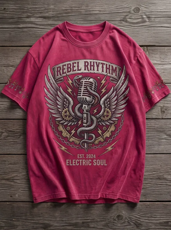 Unisex Rock Music Lover Snake Microphone Wings Printed T-shirt