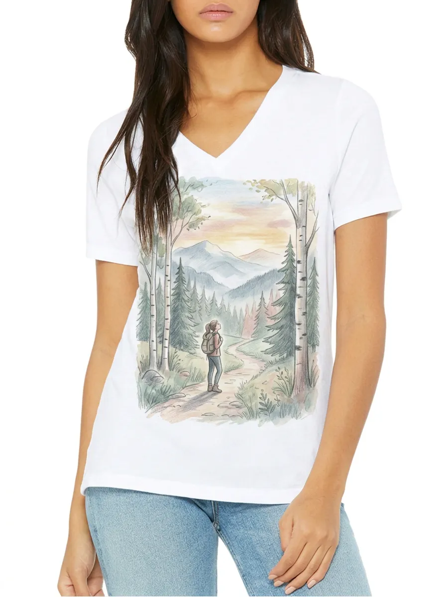 Women's Hiking Lover Mountain Forest Landscape Printed V-neck T-shirt