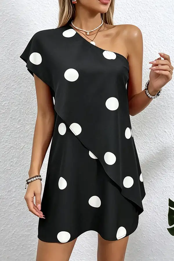 Print One Shoulder Ruffle Hem Dress