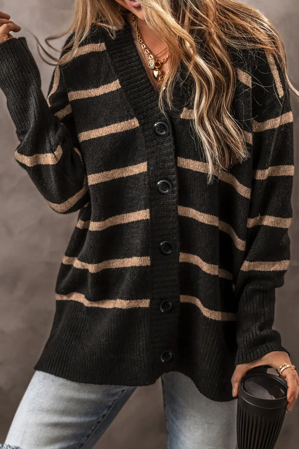 Easy Layer Striped Button Front V Neck Cardigan