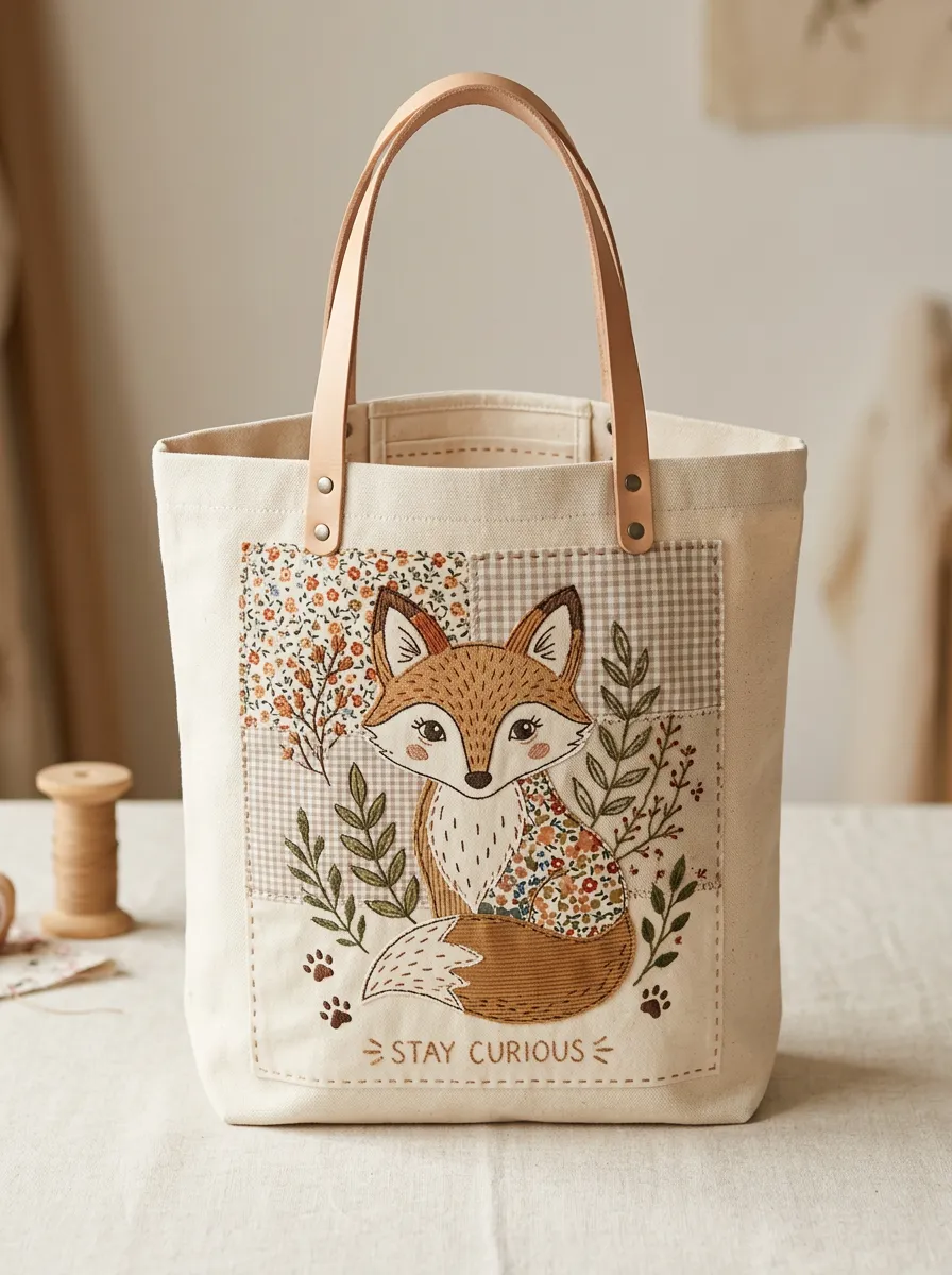 Fox Lover Stay Curious Floral Patchwork Printed Tote Bag
