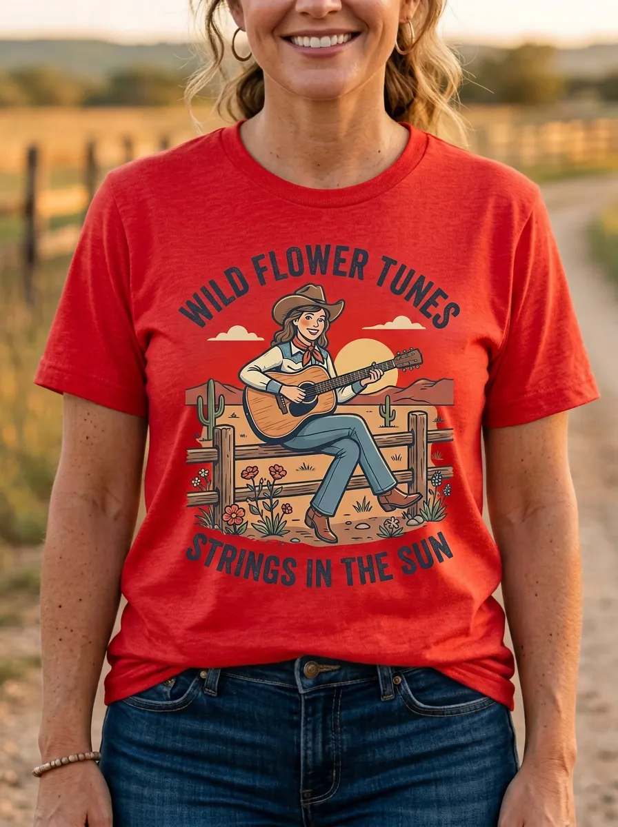 Nashville-Inspired Guitar Cowgirl Country Music Graphic T-Shirt