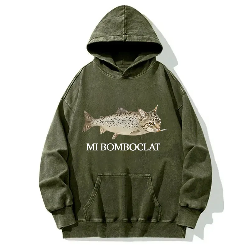 Fish Cat Meme Washed Hoodie