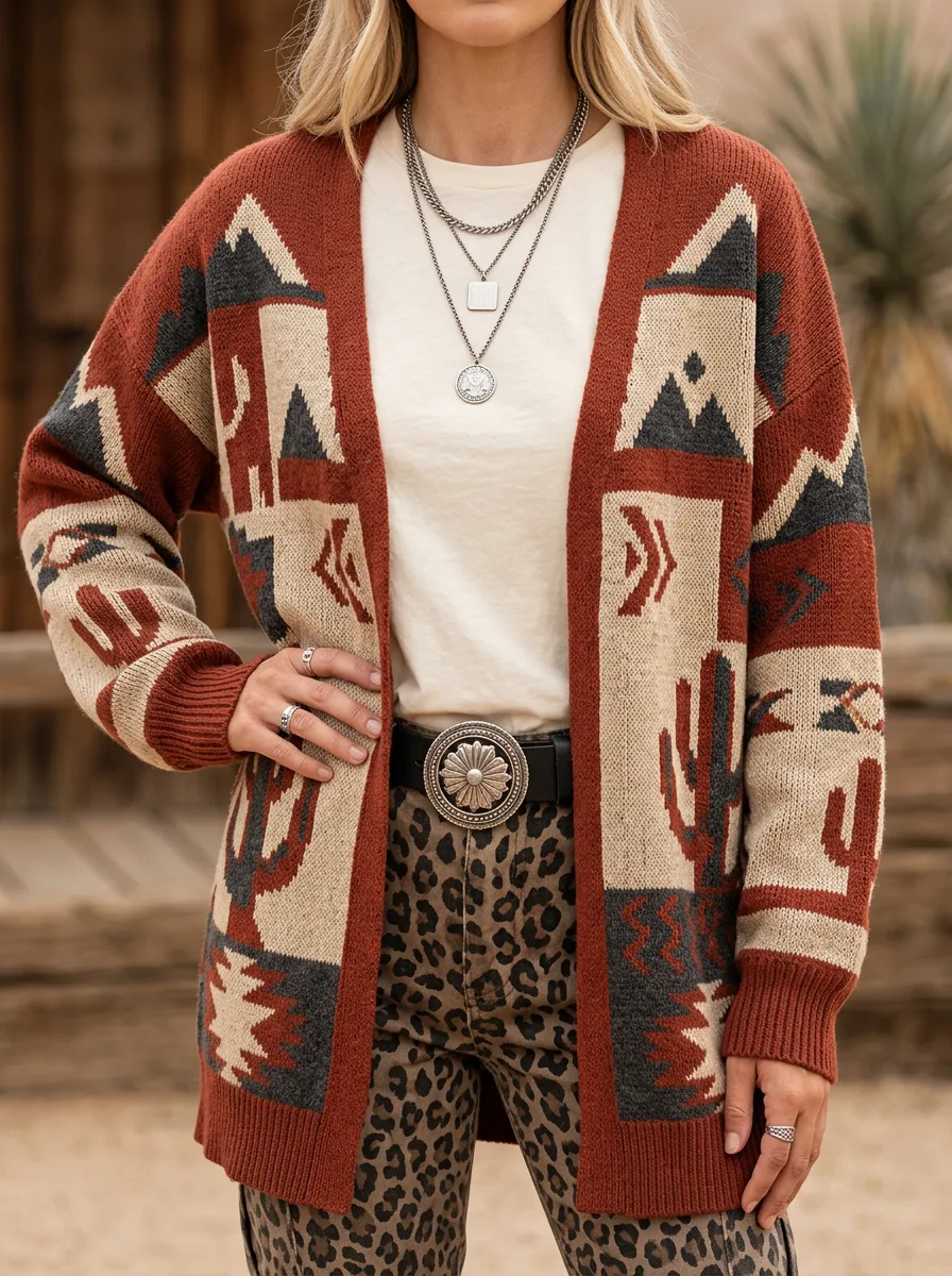 Women's Western Style Cactus Geometric Pattern Knitted Cardigan