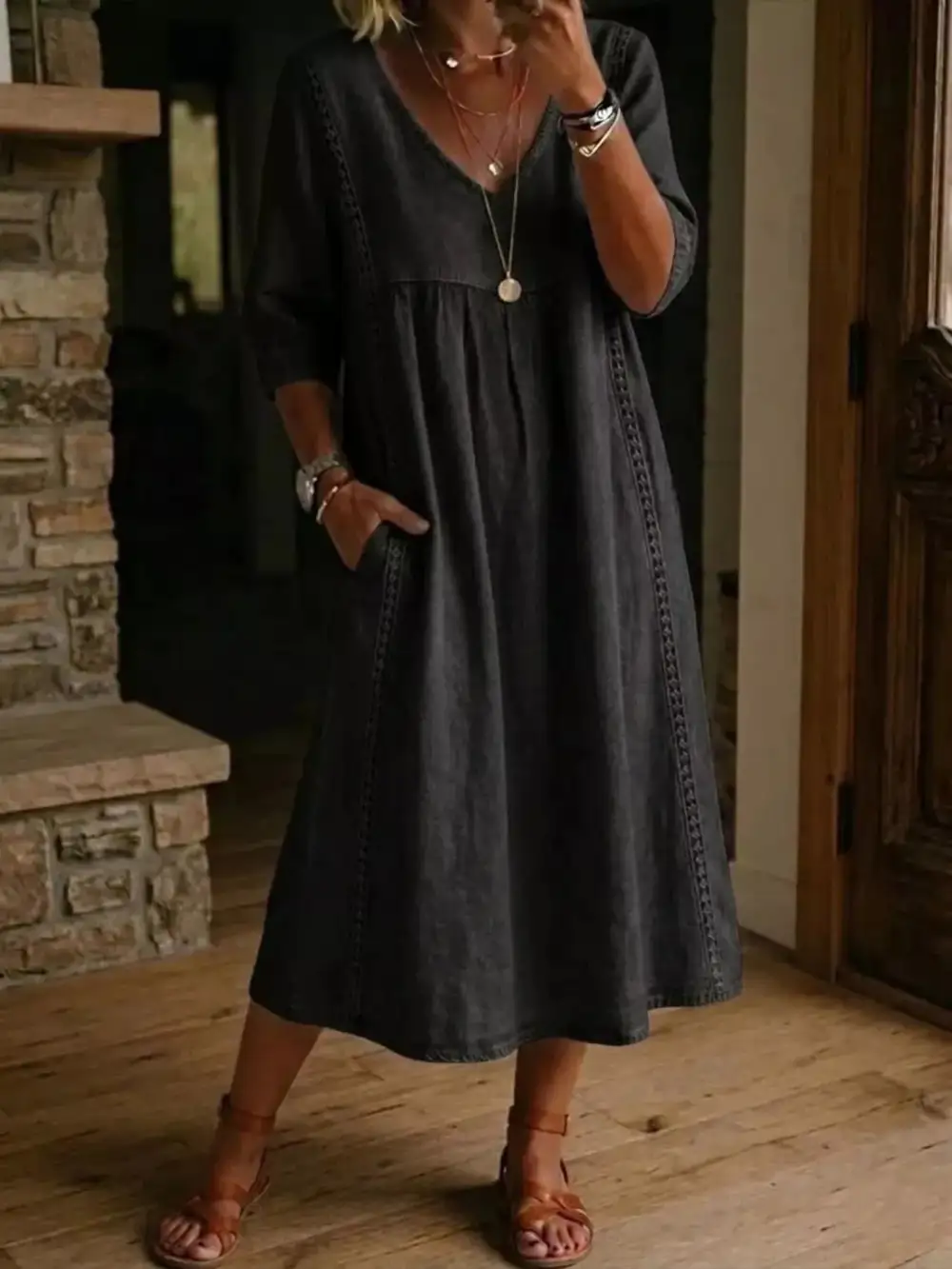V-Neck Three-Quarter Sleeve Midi Dress