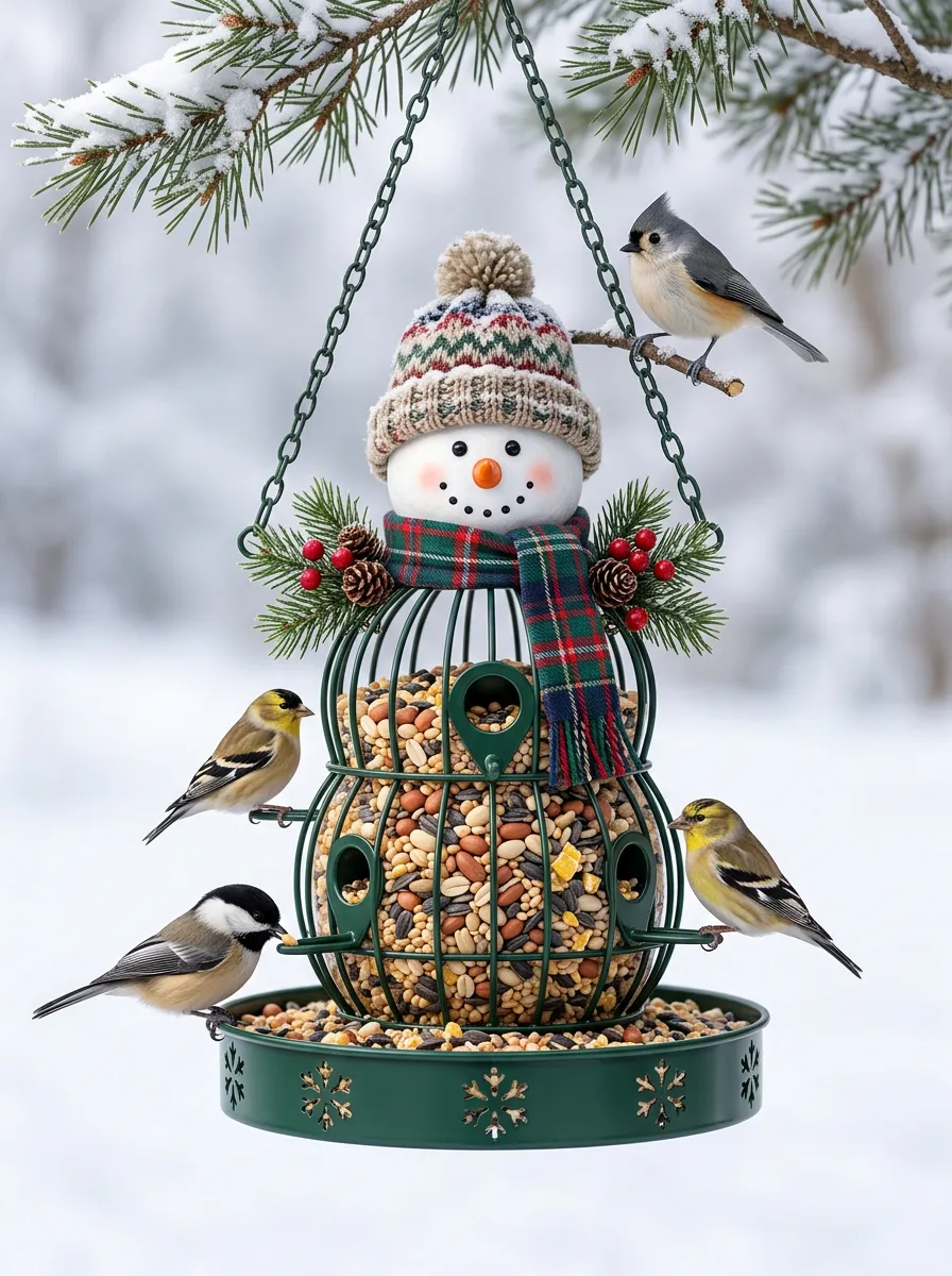 Classic Snowman Plaid Scarf Christmas Bird Feeder