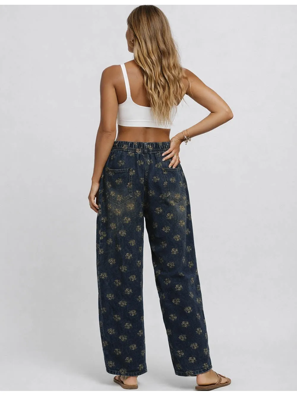 Elastic Waist Barrel Leg Denim Easy Pants