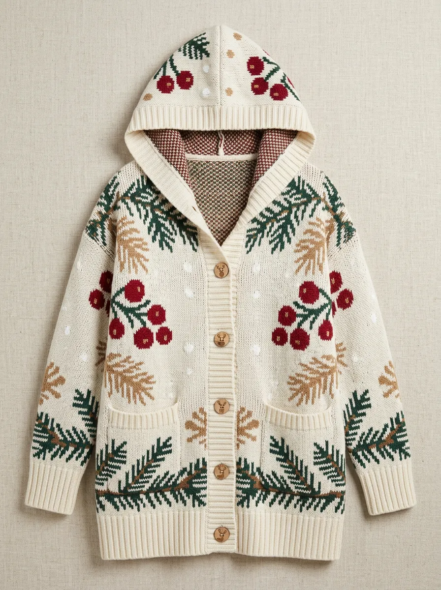 Christmas Pine Berry Pattern Knit Hooded Cardigan