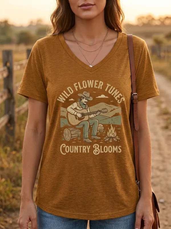 Guitar Cowboy Campfire Custom Country Music V-Neck T-Shirt