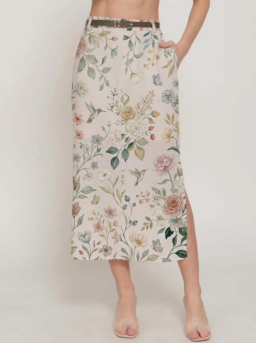 Women's Floral Hummingbird Botanical Printed Midi Skirt