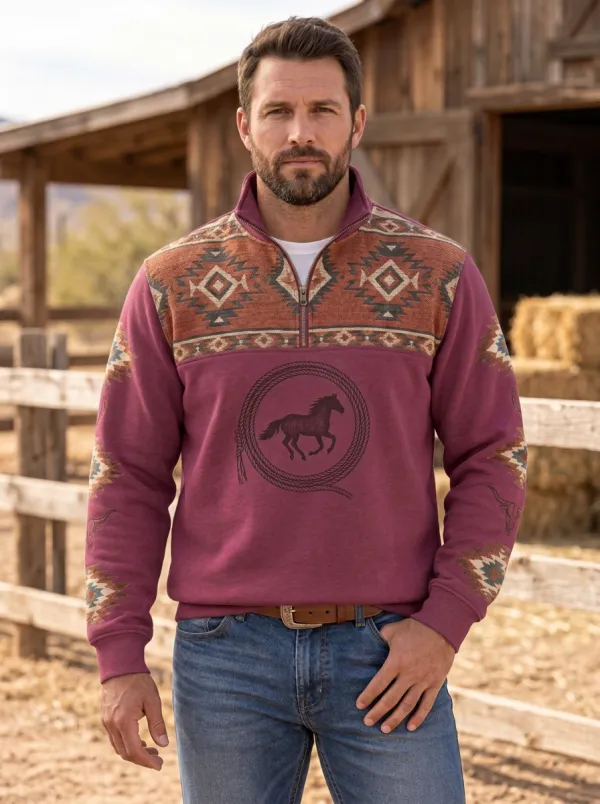 Men's Western Cowboy Horse Lasso Southwestern Quarter-Zip Sweatshirt