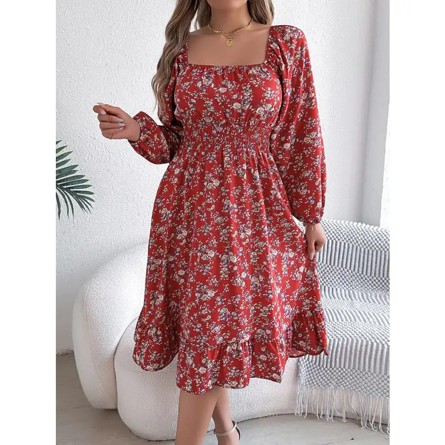 Long Sleeve Square Neck Midi Dress