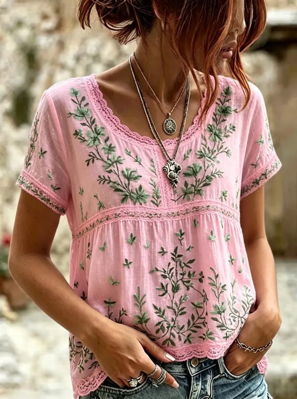 Women's Boho Floral Green Embroidered Lace Trim Short Sleeve Shirt