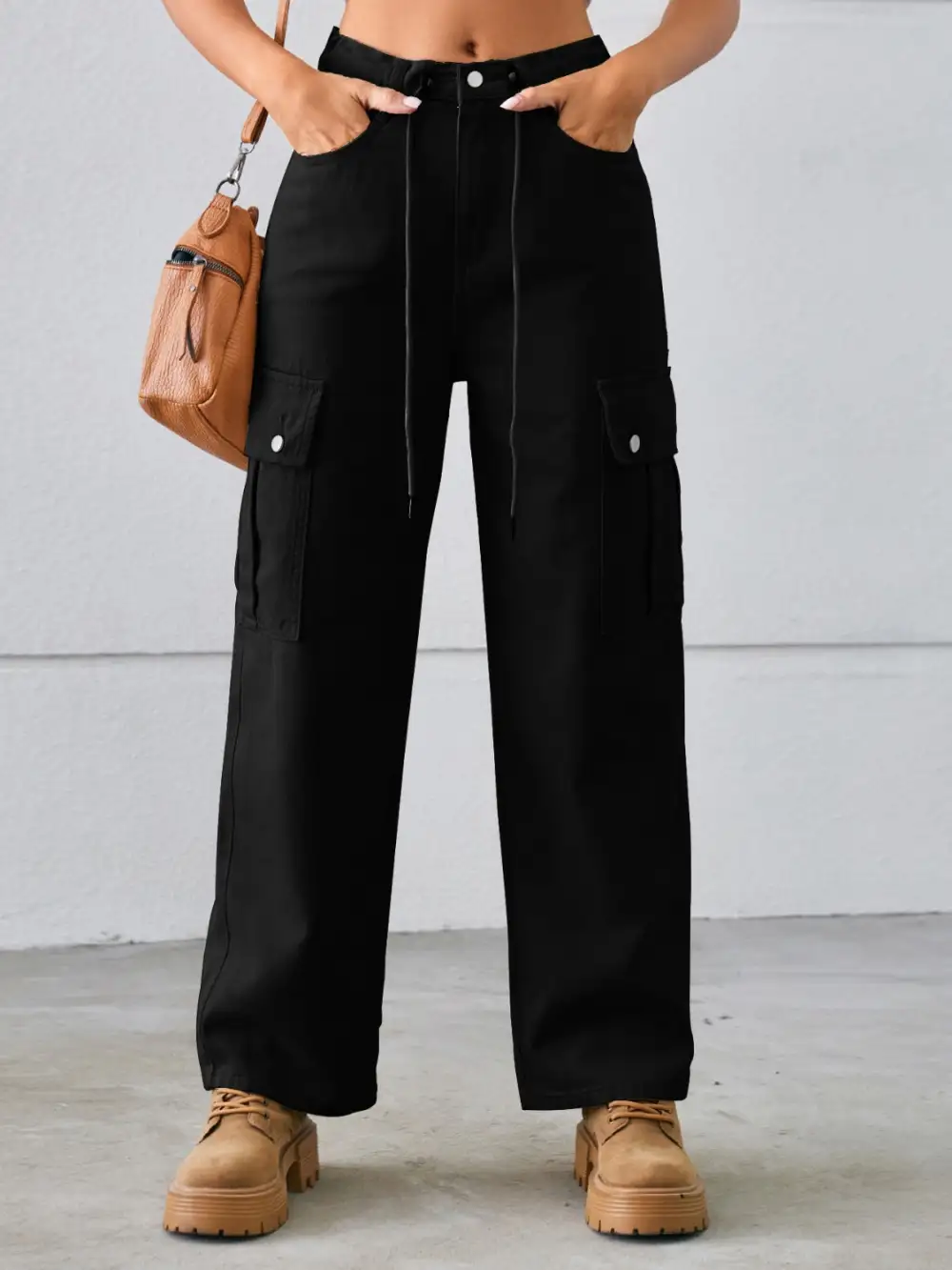 Drawstring Mid Rise Waist Straight Cargo Jeans