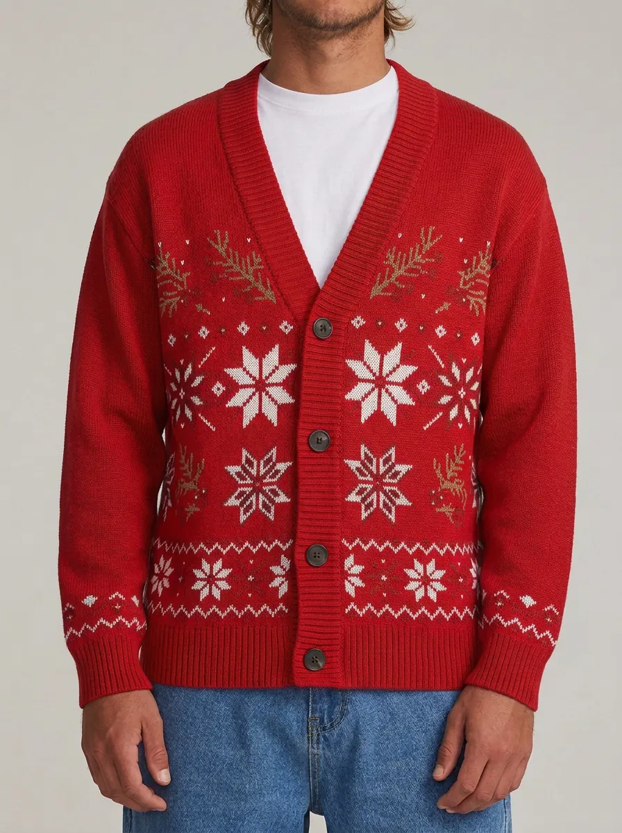 Snowflake Holly Berry V Neck Cardigan