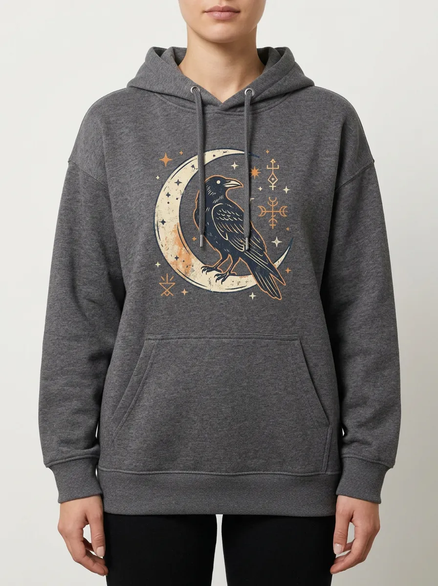Unisex Halloween Gothic Raven Moon Printed Hoodie
