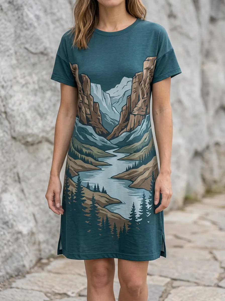 Women's Dropped Shoulder Mountain Landscape Graphic T-Shirt Dress