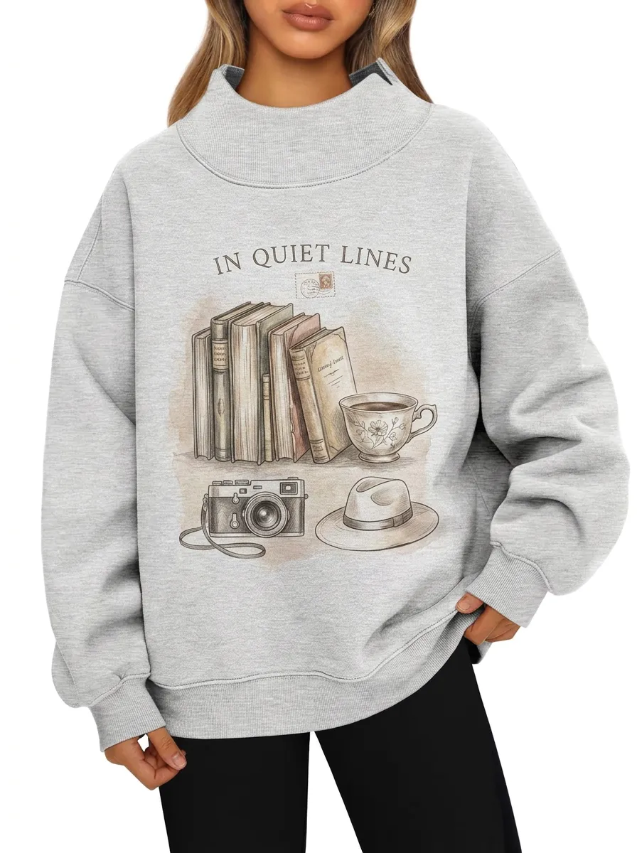 Women's Book Lover Vintage Camera Tea Printed Sweatshirt