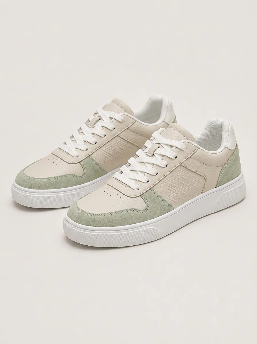 Men's Geometric Pattern Beige Green Embossed Printed Sneakers
