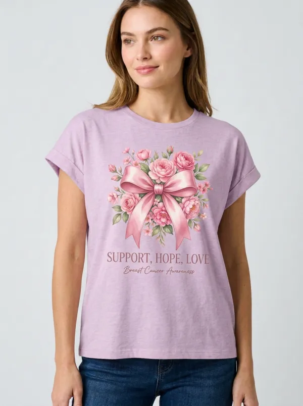 Women's Breast Cancer Awareness Floral Ribbon Printed T-shirt