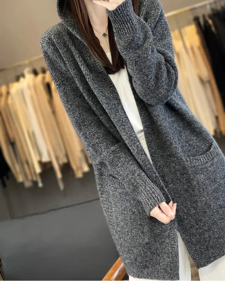 Merino-Wool Wool Hooded Longline Cardigan