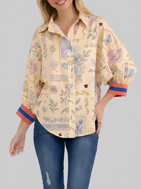 Women's Vintage Floral Butterfly Printed Button-Down Shirt