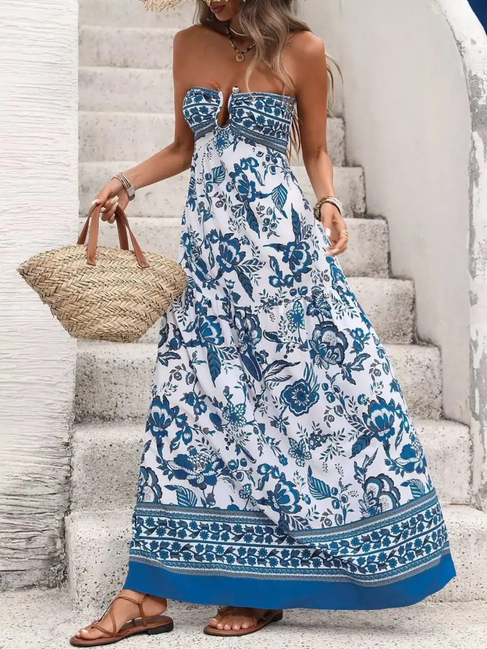 Smocked Strapless Floral Maxi Dress