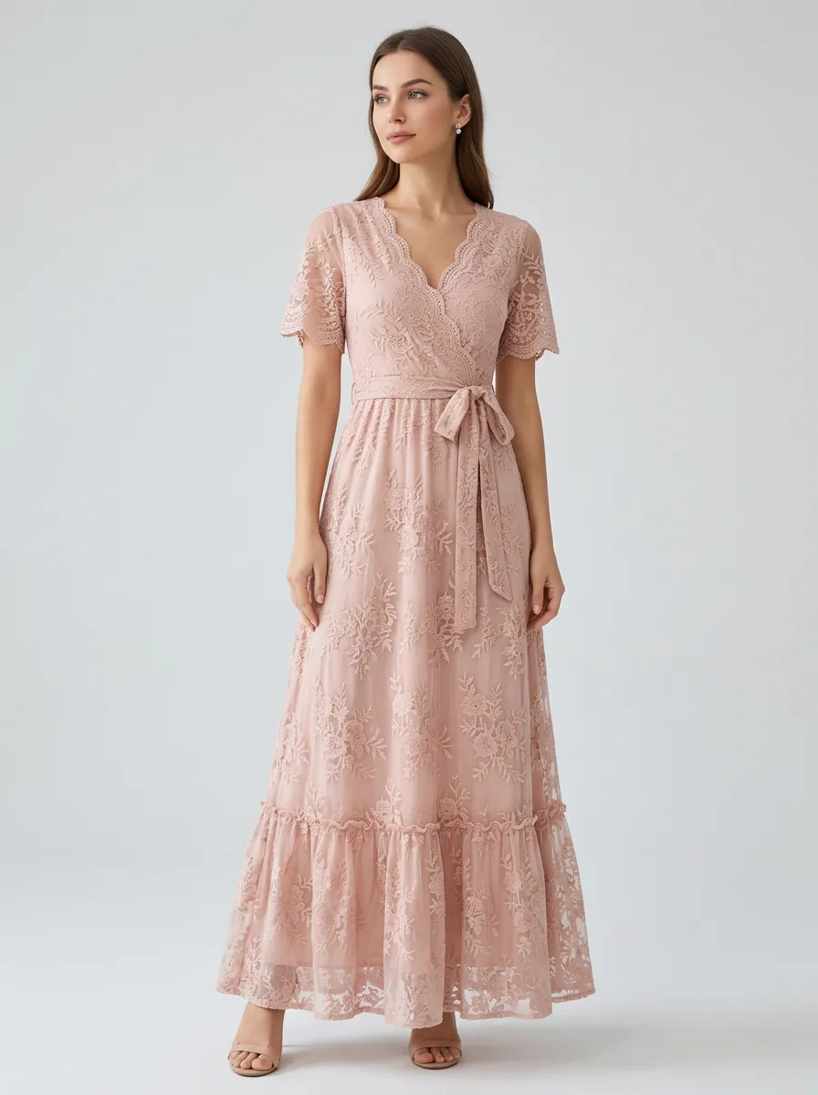 Women's Elegant Floral Lace V-Neck Tie-Waist Embroidered Maxi Dress