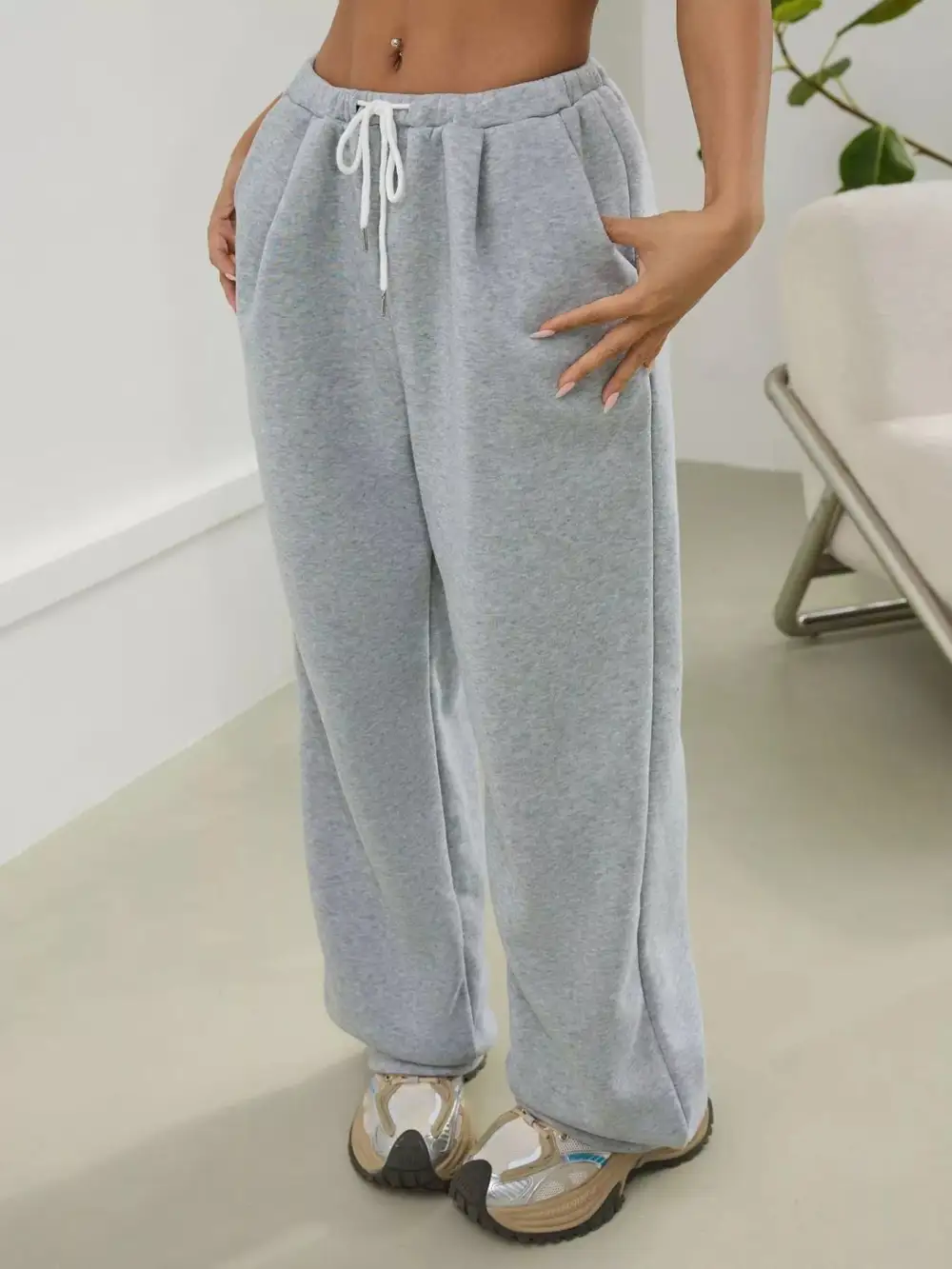 High Waist Drawstring Wide Leg Pocketed Casual Joggers
