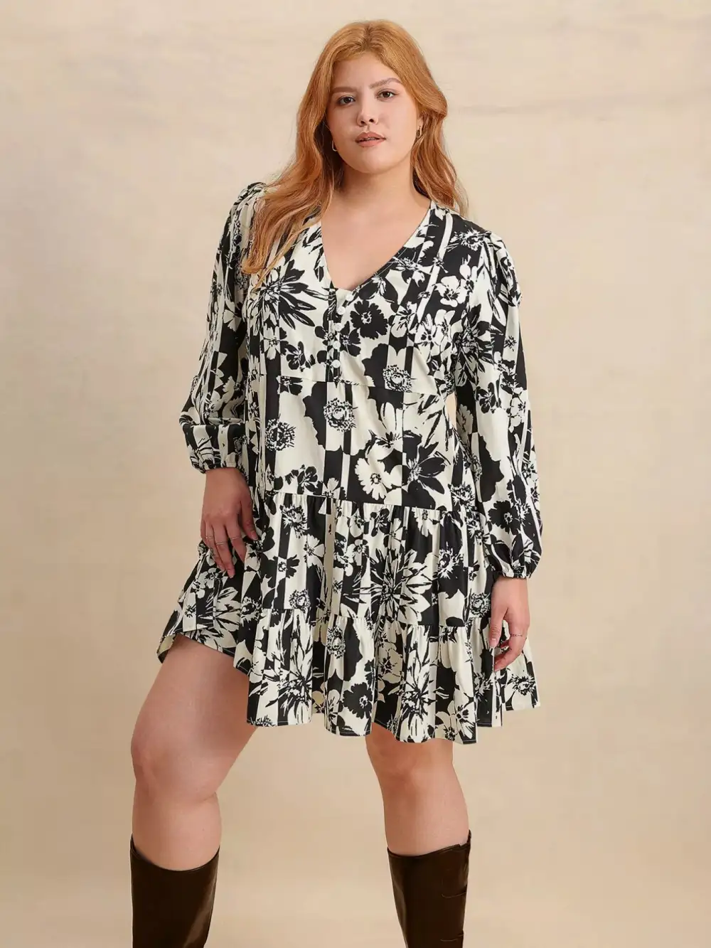 Drape Printed V Neck Long Sleeve Mini Dress