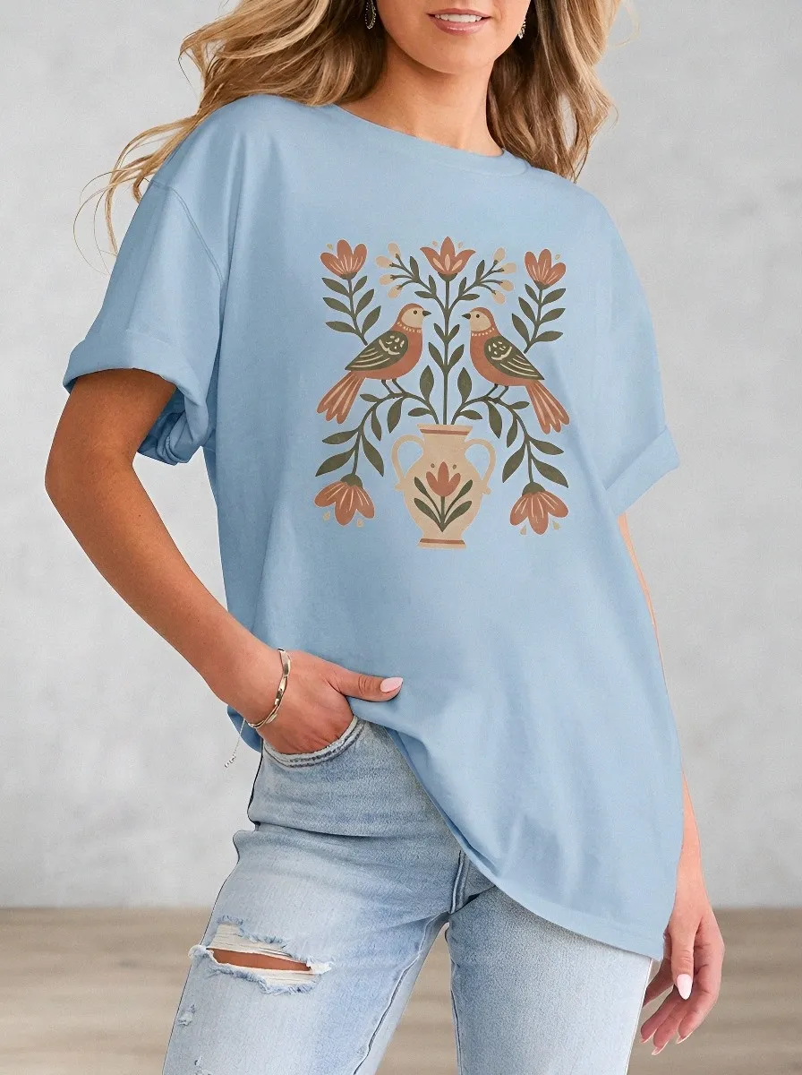 Women's Nature Lover Bird and Floral Vase Printed T-shirt